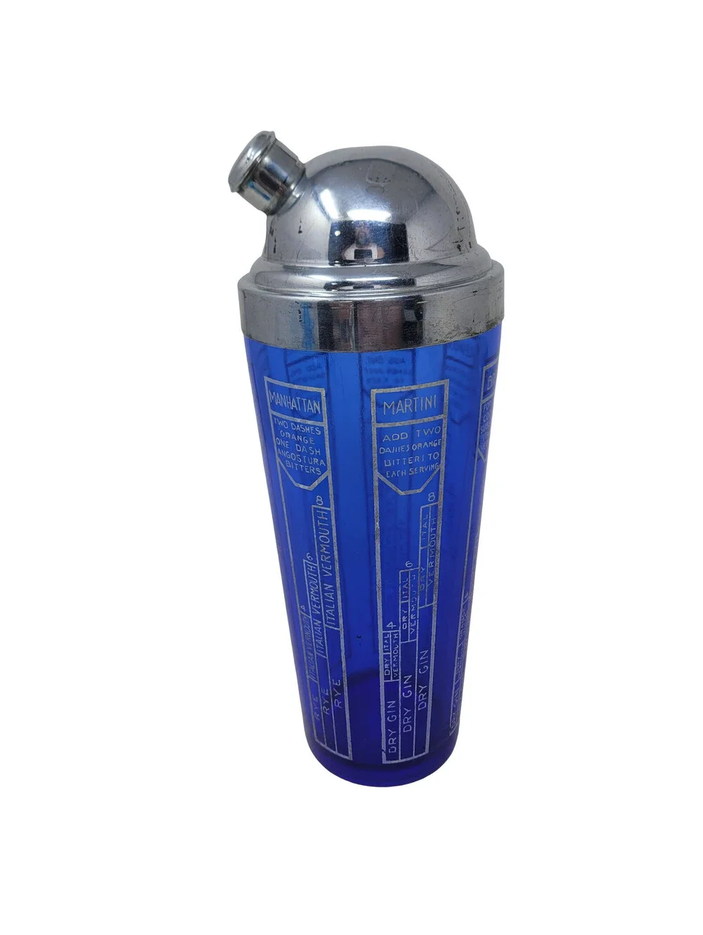 Vintage Art Deco Cobalt Blue Glass Cocktail Shaker Chrome Lid Recipe 1930s